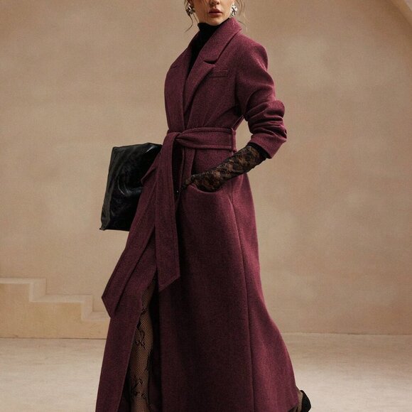 Burgundy Elegant Women's Grey Midi Length Belted Notched Collar Wool Coat - Picture 3 of 6